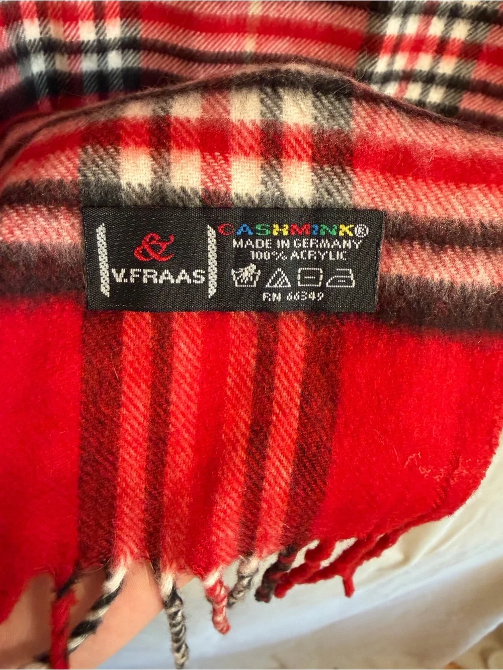 V. FRAAS Red and Black Plaid Fringe Scarf 